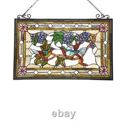31.9 Tiffany Style Stained Glass Window Panel Birds & Floral Design