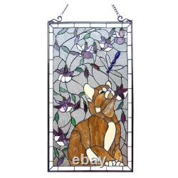 31 x 18 Tiffany Style Kitty cat Blossom stained glass hanging window panel