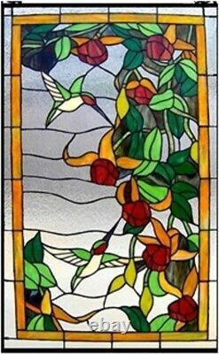 32 x 20 Hummingbird Floral Tiffany Style Stained Glass Window Panel with Chain