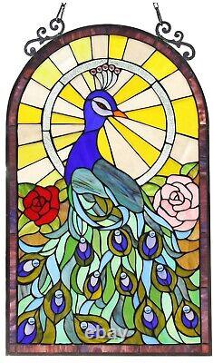 32 x 20 Large Regal Sunrise Peacock Tiffany Style Stained Glass Window Panel