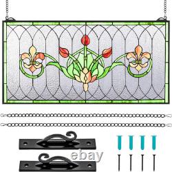 32X16 Stained Glass Transom Window Panel, Large Horizontal Tulips & Irises Han