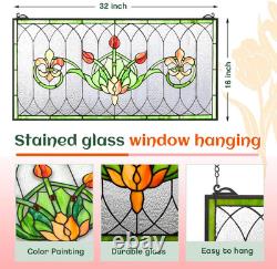 32X16 Stained Glass Transom Window Panel, Large Horizontal Tulips & Irises Han 32X16 Stained Glass Transom Window Panel, Large Horizontal Tulips & Irises Han
