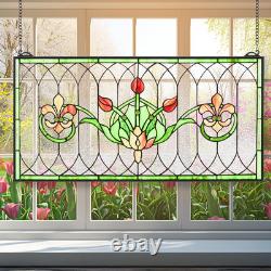 32X16 Stained Glass Transom Window Panel, Large Horizontal Tulips & Irises Han