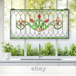 32X16 Stained Glass Transom Window Panel, Large Horizontal Tulips & Irises Han