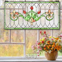 32X16 Stained Glass Transom Window Panel, Large Horizontal Tulips & Irises Han