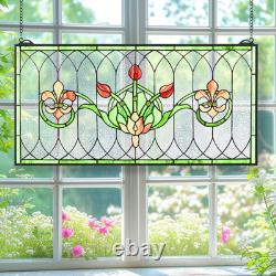 32X16 Stained Glass Transom Window Panel, Large Horizontal Tulips & Irises Han