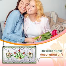 32X16 Stained Glass Transom Window Panel, Large Horizontal Tulips & Irises Han