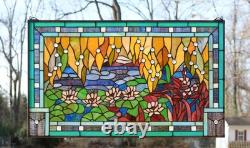 33.75 x 20 Tiffany Style stained glass window panel lotus waterlily pond HF834