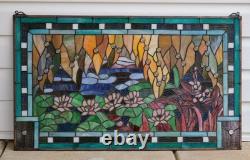 33.75 x 20 Tiffany Style stained glass window panel lotus waterlily pond HF834
