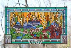 33.75 x 20 Tiffany Style stained glass window panel lotus waterlily pond HF834
