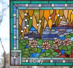 33.75 x 20 Tiffany Style stained glass window panel lotus waterlily pond HF834