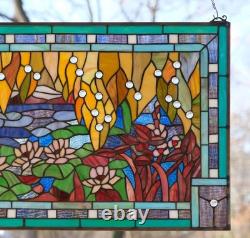 33.75 x 20 Tiffany Style stained glass window panel lotus waterlily pond HF834