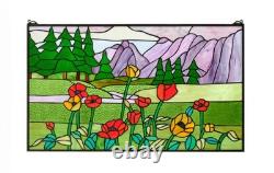 33.75L x 20H Tiffany Style stained glass window panel Flowers & Mountain HF603