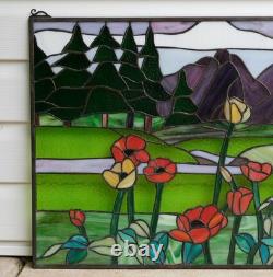 33.75L x 20H Tiffany Style stained glass window panel Flowers & Mountain HF603