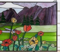 33.75L x 20H Tiffany Style stained glass window panel Flowers & Mountain HF603