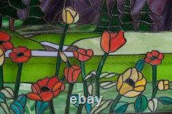 33.75L x 20H Tiffany Style stained glass window panel Flowers & Mountain HF603