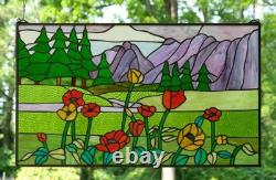 33.75L x 20H Tiffany Style stained glass window panel Flowers & Mountain HF603