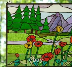 33.75L x 20H Tiffany Style stained glass window panel Flowers & Mountain HF603