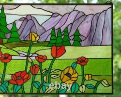 33.75L x 20H Tiffany Style stained glass window panel Flowers & Mountain HF603