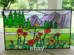 33.75L x 20H Tiffany Style stained glass window panel Flowers & Mountain HF603