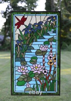 34.5 x 20.5 Stained glass window panel Waterlily Lotus dragonfly Flower Pond