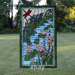 34.5 x 20.5 Stained glass window panel Waterlily Lotus dragonfly Flower Pond