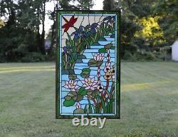 34.5 x 20.5 Stained glass window panel Waterlily Lotus dragonfly Flower Pond