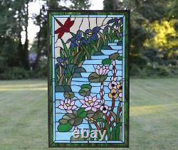 34.5 x 20.5 Stained glass window panel Waterlily Lotus dragonfly Flower Pond