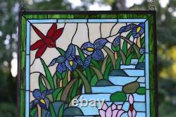 34.5 x 20.5 Stained glass window panel Waterlily Lotus dragonfly Flower Pond