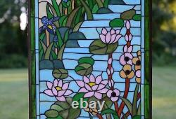 34.5 x 20.5 Stained glass window panel Waterlily Lotus dragonfly Flower Pond