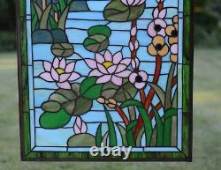 34.5 x 20.5 Stained glass window panel Waterlily Lotus dragonfly Flower Pond