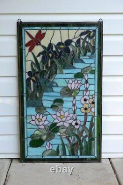 34.5 x 20.5 Stained glass window panel Waterlily Lotus dragonfly Flower Pond