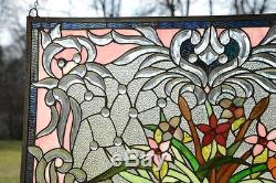 34.75 x 20.75 Tiffany Style Jeweled Beveled stained glass window panel Flower