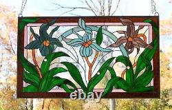34.75L x 20.5H Handcrafted stained glass window panel Iris Flowers