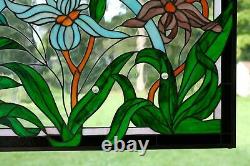 34.75L x 20.5H Handcrafted stained glass window panel Iris Flowers
