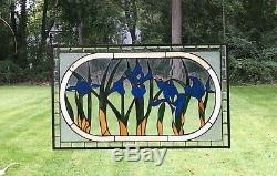 34.75L x 20.5H Tiffany Style Beveled stained glass window panel Iris Flowers