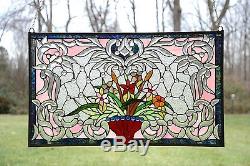 34.75L x 20.75 Tiffany Style Jeweled Beveled stained glass window panel Flower