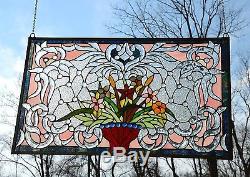 34.75L x 20.75 Tiffany Style Jeweled Beveled stained glass window panel Flower