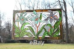 34.75L x 20.75 Tiffany Style stained glass window panel Iris Flowers
