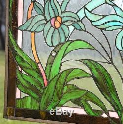 34.75L x 20.75 Tiffany Style stained glass window panel Iris Flowers
