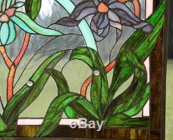 34.75L x 20.75H Tiffany Style jeweled stained glass window panel Iris Flowers