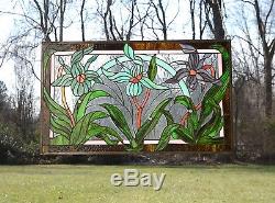 34.75L x 20.75H Tiffany Style stained glass window panel Iris Flowers