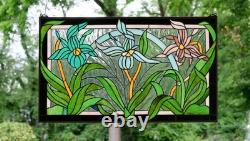 34L x 20H Tiffany Style stained glass window panel Iris Flowers HF203469