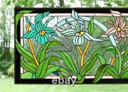34L x 20H Tiffany Style stained glass window panel Iris Flowers HF203469