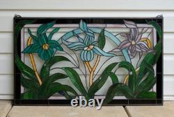 34L x 20H Tiffany Style stained glass window panel Iris Flowers HF203469