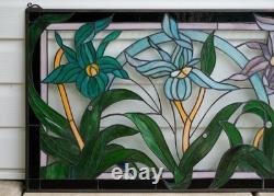 34L x 20H Tiffany Style stained glass window panel Iris Flowers HF203469