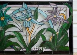 34L x 20H Tiffany Style stained glass window panel Iris Flowers HF203469