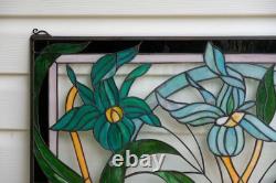 34L x 20H Tiffany Style stained glass window panel Iris Flowers HF203469
