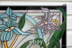 34L x 20H Tiffany Style stained glass window panel Iris Flowers HF203469