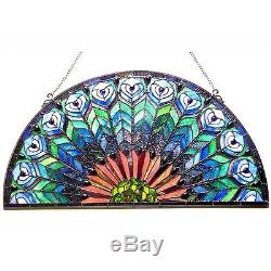 35 Wide Large Peacock Design Half Round Circle Stained Glass Window Panel